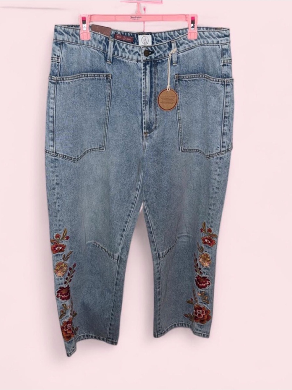 DRIFTWOOD Light Blue Straight Leg Jeans with Floral Embroidery